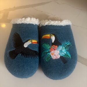 Lands' End Blue Slippers with Toucan Embroidery